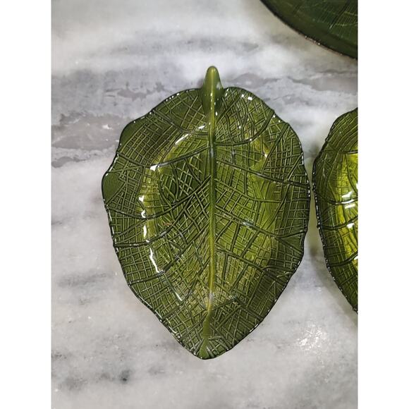 Pressed Glass Leaves Set, Green Decorative Leaves, Gold Paint Trim, Set of 4‎ - Picture 2 of 9